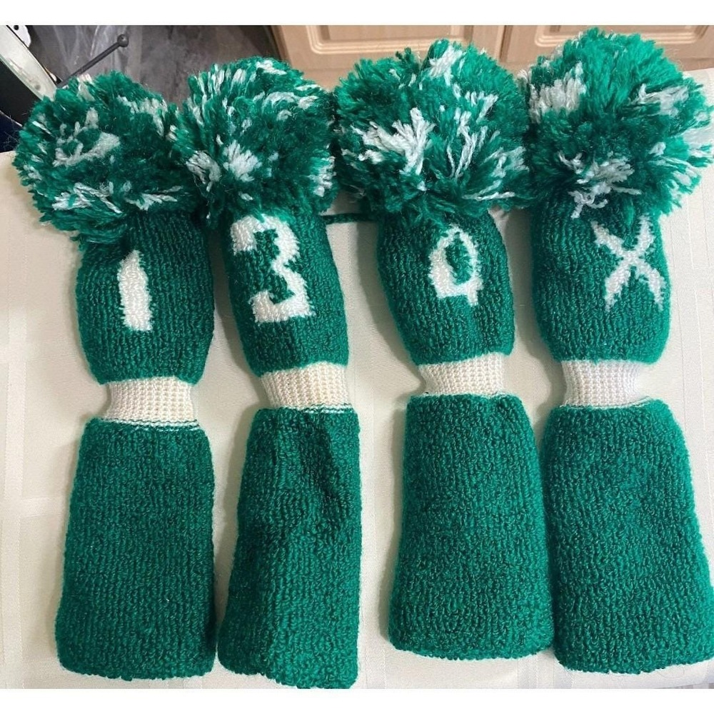 Retro Green & White Pom Pom Golf Club Head Covers Set of 4 1 3 X Driver - Picture 2 of 6